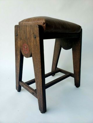 Antique Mission Oak Arts & Crafts Footstool w Decoration Leather Seat 2