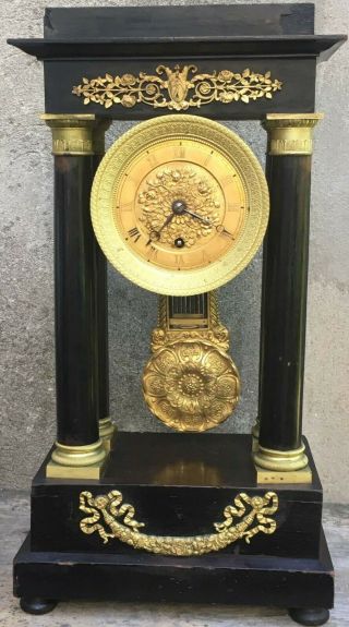 Antique French ? Empire Ormolu Ebony Portico Clock Ornate Knife Edge Pendulum 18