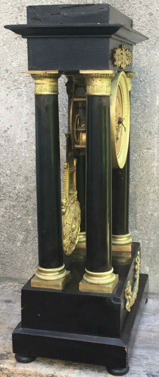 Antique French ? Empire Ormolu Ebony Portico Clock Ornate Knife Edge Pendulum 18 5