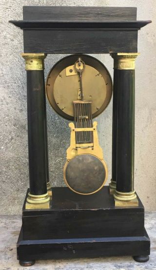 Antique French ? Empire Ormolu Ebony Portico Clock Ornate Knife Edge Pendulum 18 8