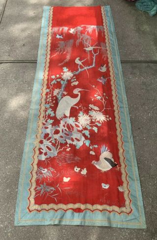 Unbelievable Antique Chinese Silk Panel With Birds Qing Textile Embroidery