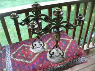 Unusual Antique Brass Candleabra Pietra Dura Inlays Italian