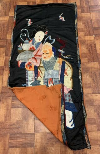 Large Antique Chinese Silk Panel Of Immortal Figure With Phoenix 11