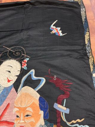 Large Antique Chinese Silk Panel Of Immortal Figure With Phoenix 12