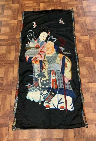 Large Antique Chinese Silk Panel Of Immortal Figure With Phoenix