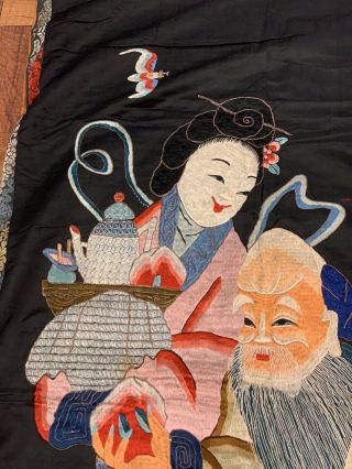 Large Antique Chinese Silk Panel Of Immortal Figure With Phoenix 8