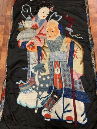 Large Antique Chinese Silk Panel Of Immortal Figure With Phoenix 9