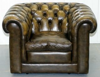 STUNNING VINTAGE CHESTERFIELD LEATHER CLUB ARMCHAIRS FEATHER CUSHIONS 10