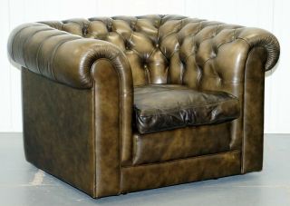 STUNNING VINTAGE CHESTERFIELD LEATHER CLUB ARMCHAIRS FEATHER CUSHIONS 2