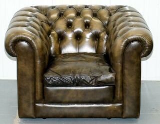 STUNNING VINTAGE CHESTERFIELD LEATHER CLUB ARMCHAIRS FEATHER CUSHIONS 3