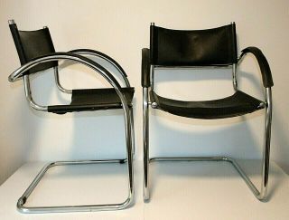 Pair Vintage Bauhaus Mart Stam Chome & Black Leather Cantilevered Mcm Chairs