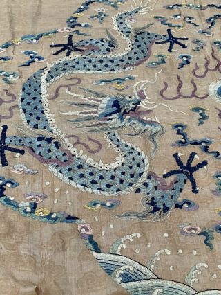 Extremely Large Antique Chinese Silk Panel With Double Dragons Qing Embroidery 12