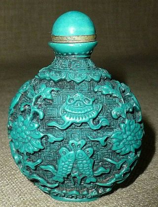 ANTIQUE Sm.  HEAVY CHINESE HAND CARVED TIBET TURQUOISE SNUFF BOTTLE w/LID SYMBOLS 3