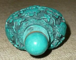 ANTIQUE Sm.  HEAVY CHINESE HAND CARVED TIBET TURQUOISE SNUFF BOTTLE w/LID SYMBOLS 6