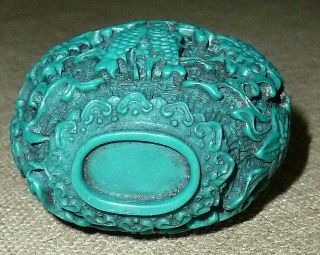 ANTIQUE Sm.  HEAVY CHINESE HAND CARVED TIBET TURQUOISE SNUFF BOTTLE w/LID SYMBOLS 7