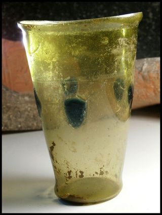 Very Rare Roman Multi - Coloured Glass Libation Beaker / Glass - 9.  6 Cm