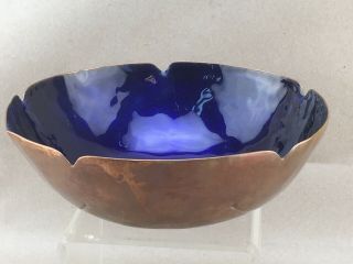 Arts & Crafts 6.  5 " Copper Bowl With Blue Enamel Interior By Rebecca Cauman