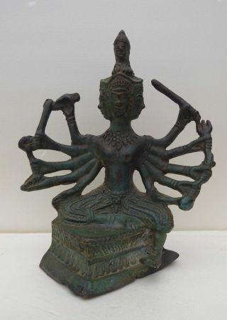 Hindu Kali Bronze Buddha Green Patino Old Eight Arms Four Faces Brahma Vedas