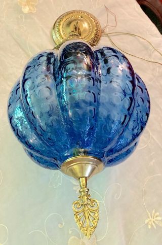 Vintage Brass Light Fixture Brass Blue Optic Art Glass Round Shade Hollywood R.