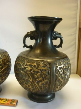 FINE PAIR CHINESE BRONZE VASES DRAGONS BIRDS BLACK BRONZE 19THC 2