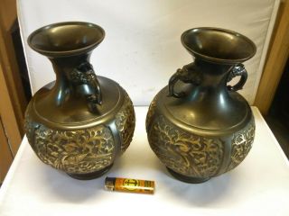 FINE PAIR CHINESE BRONZE VASES DRAGONS BIRDS BLACK BRONZE 19THC 3