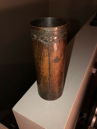 RARE Roycroft 7” Cylinder Hammered Copper Vase 202 Aurora/Caramel Brown 2