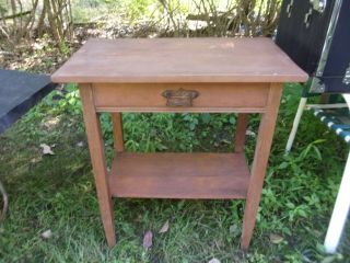 Small Antique One Drawer Wooden Table W/tapered Legs & Flowered Handle & Legs