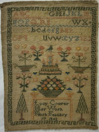 Mid 19th Century Motif & Alphabet Sampler By Lucy Cooper - Feb 17th 1852