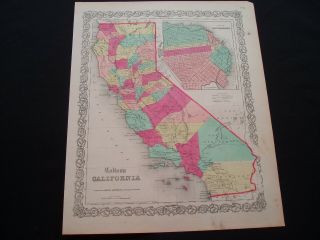 1855 Colton Atlas Map State Of California San Fran - 164 Year Old Antique