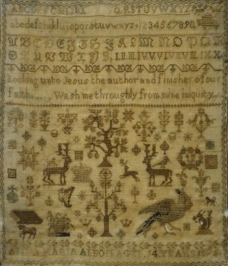 MID/LATE 19TH CENTURY HORSE,  BIBLE & MOTIF SAMPLER BY ANNA MARIA ALBON - 1875 11