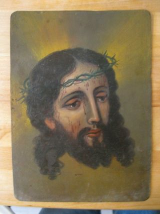 Vintage Retablo On Tin With The Image Of Jesus On Veronica 