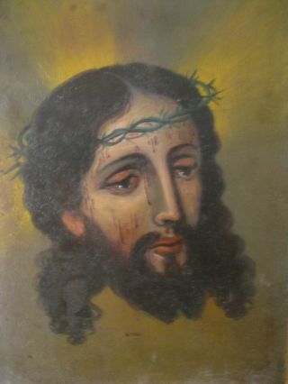 VINTAGE RETABLO ON TIN WITH THE IMAGE OF JESUS ON VERONICA ' S VEIL 2