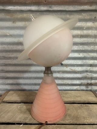 Antique Vtg 30s SATURN Art Deco 1939 WORLD ' S FAIR Pink Frosted Glass Table Lamp 2