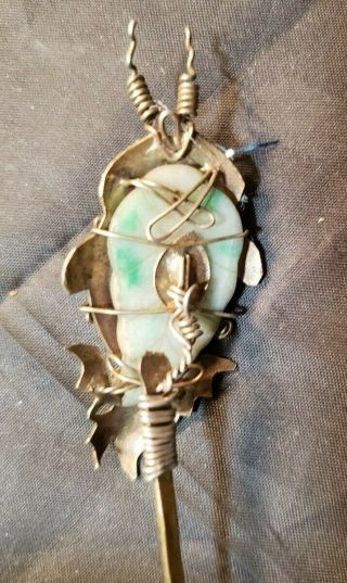 ANTIQUE CHINESE HAIR ORNAMENT - BLUE KINGFISHER FEATHER / JADE FISH 3