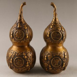 A Pair Antique China Old Handmade Bronze Gossip Gourd Lucky Statues Decoration