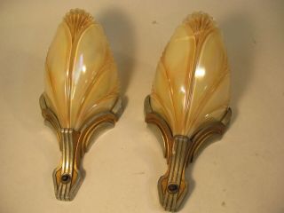 VTG ANTIQUE ART DECO PAIR SLIP SHADE METAL & GLASS SCONCES WALL LIGHT FIXTURES 2