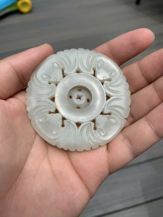 Antique Chinese White Jade Pendant Plaque Of Lucky Bats Qing