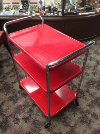 Vintage Cosco Cart Metal Red Kitchen Tea Utility Side Mid Century Rolling 60s