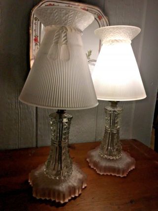 Pink Frosted & Cut Glass Art Deco Boudoir Lamps W/frosted Glass Shades