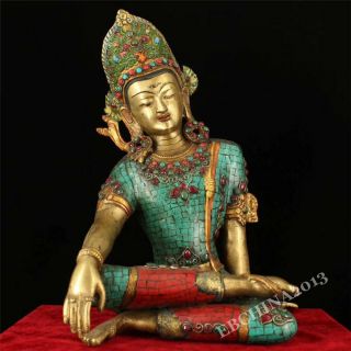 14.  4 " Old Tibet Buddhism Bronze Inlay Turquoise White Tara Bodhisattva650