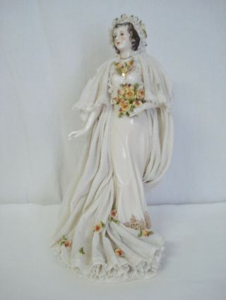 10 " Bride Figurine Dresden Lace Dress Antique Porcelain Yellow Roses Germany