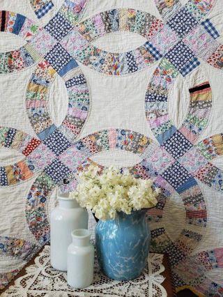 Prints Blue And Yellow Vintage 30s Wedding Ring Quilt 72x72 "