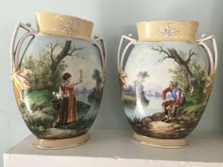 Antique Porcelain Mantle Vases 2 Sided Hand Painted Man And Woman