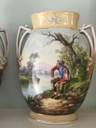 Antique Porcelain Mantle Vases 2 sided Hand Painted Man and Woman 9