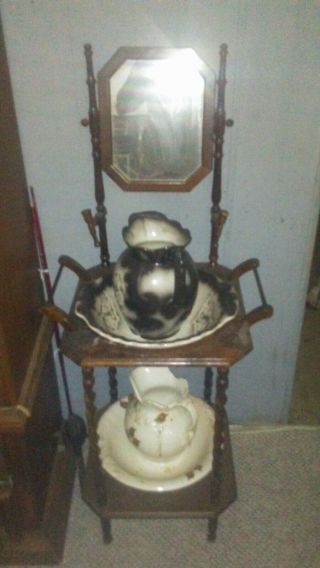 Vintage American Cherry Wash Stand With Mirror,  2 Pitcher & Bowl