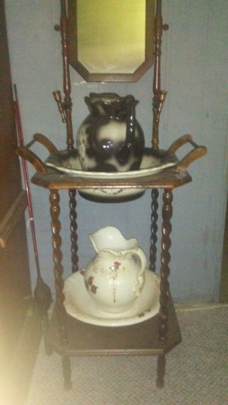 Vintage American Cherry Wash Stand with Mirror,  2 Pitcher & Bowl 5