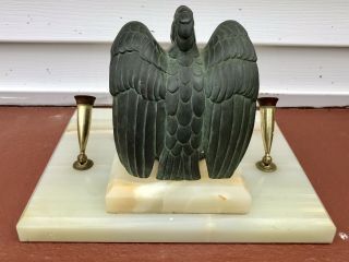 1930’s Art Deco Carter’s Bronze Crane/ Stork Desk Fountain Pen Holder Onyx Base 10