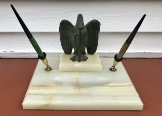 1930’s Art Deco Carter’s Bronze Crane/ Stork Desk Fountain Pen Holder Onyx Base 2