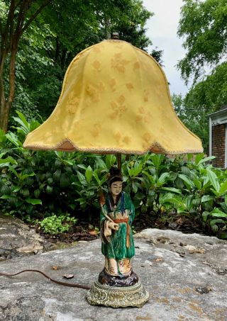 Rare 19th C.  Chinese Shiwan Pottery Kwan - Yin Figure Lamp With Silk Parasol Shade