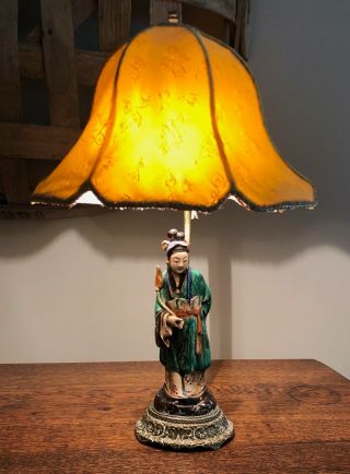 RARE 19TH C.  CHINESE SHIWAN POTTERY KWAN - YIN FIGURE LAMP WITH SILK PARASOL SHADE 2